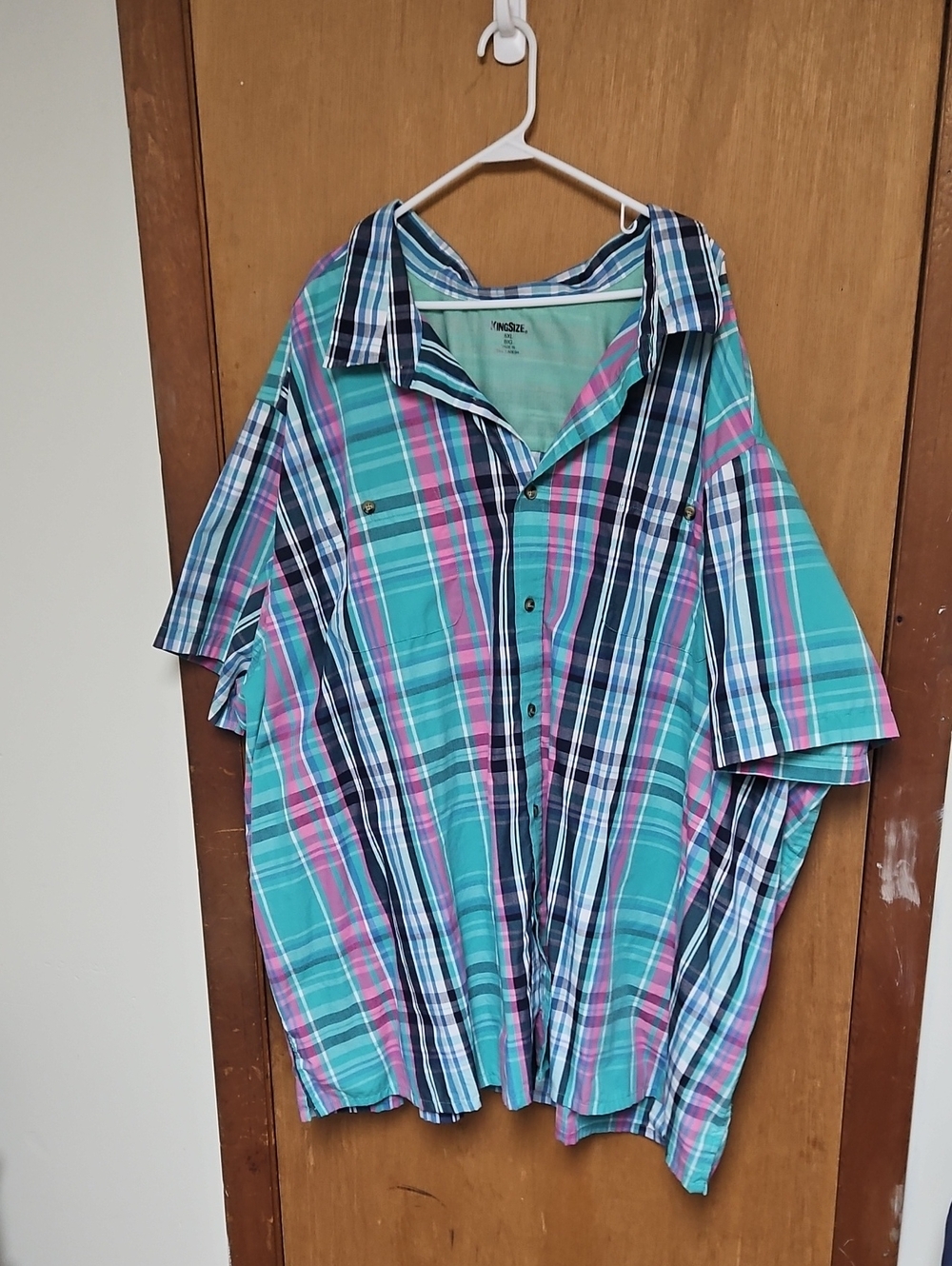 Short-Sleeve Plaid Button-Down Shirt - Teal & Pink